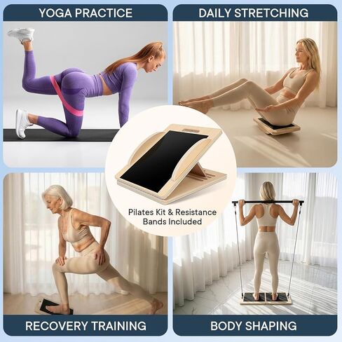 لوح خشبي مائل متعدد الاستخدامات، قابل للتحويل إلى لوح التوازن والبيلاتيس، زوايا قابلة للتعديل، يتضمن مجموعة بيلاتيس كاملة، يدعم ما يصل إلى 360 رطلاً، تمدد ربلة الساق، القرفصاء، الركبة، الكاحل، الكعب والساق in Kuwait