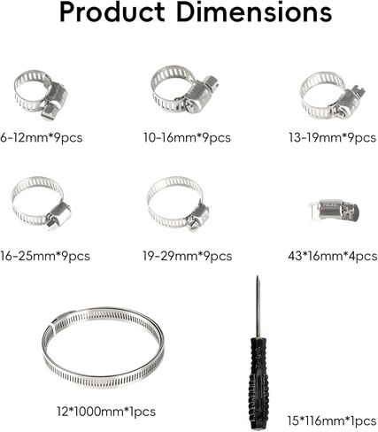 مجموعة متنوعة من 45 قطعة من مشابك الخراطيم، 1/4 بوصة - 1-1/8 بوصة (6-29 مم) مشابك خرطوم من الفولاذ المقاوم للصدأ قابلة للتعديل، مشابك أنابيب تروس دودة لخط الوقود وأنابيب السباكة للسيارات + 1 شريط معدني، 4 رأس قفل، 1 مفك براغي in Kuwait
