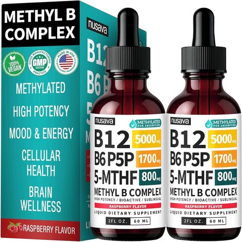(عبوتان) قطرات سائلة من مركب ميثيل ب مع إل-ميثيلفولات النشط - قطرات ب12 تحت اللسان، مركب فيتامين ب - فيتامين ب 12 النباتي 5000 ميكروجرام، غير معدل وراثيًا، نكهة التوت، بدون سكر، 2 أونصة سائلة، 80 حصة in Kuwait