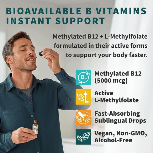 (عبوتان) قطرات سائلة من مركب ميثيل ب مع إل-ميثيلفولات النشط - قطرات ب12 تحت اللسان، مركب فيتامين ب - فيتامين ب 12 النباتي 5000 ميكروجرام، غير معدل وراثيًا، نكهة التوت، بدون سكر، 2 أونصة سائلة، 80 حصة in Kuwait
