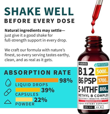 (عبوتان) قطرات سائلة من مركب ميثيل ب مع إل-ميثيلفولات النشط - قطرات ب12 تحت اللسان، مركب فيتامين ب - فيتامين ب 12 النباتي 5000 ميكروجرام، غير معدل وراثيًا، نكهة التوت، بدون سكر، 2 أونصة سائلة، 80 حصة in Kuwait