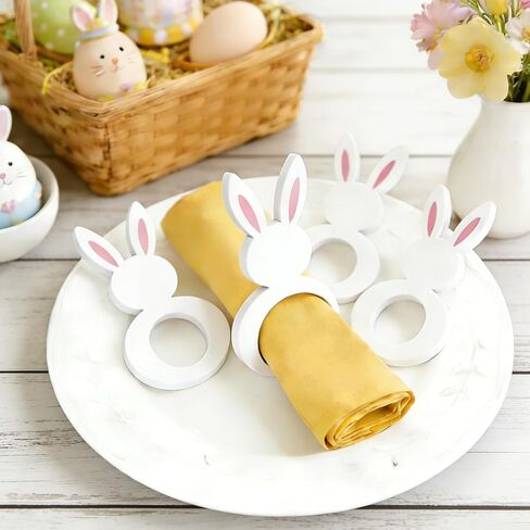 Whaline 24 Pcs Easter Wooden Bunny Napkins Rings White Pink Rabbit Shape Napkin Holders for Spring Holiday Party Dinner Table Setting Decor Supplies, 1.2 inch in Saudi Arabia