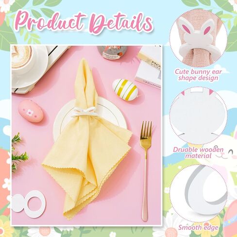Whaline 24 Pcs Easter Wooden Bunny Napkins Rings White Pink Rabbit Shape Napkin Holders for Spring Holiday Party Dinner Table Setting Decor Supplies, 1.2 inch in Saudi Arabia