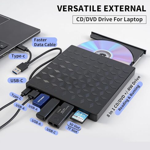 External DVD Drive, Portable USB 3.0 CD Burner +/-RW Drive, DVD Player for ROM Rewriter Burner, Compatible with Laptop, Desktop PC, Windows MacBook Linux Mac OS in Saudi Arabia