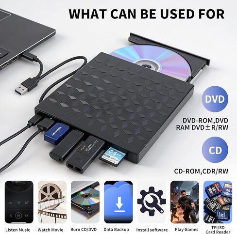 External DVD Drive, Portable USB 3.0 CD Burner +/-RW Drive, DVD Player for ROM Rewriter Burner, Compatible with Laptop, Desktop PC, Windows MacBook Linux Mac OS in Saudi Arabia