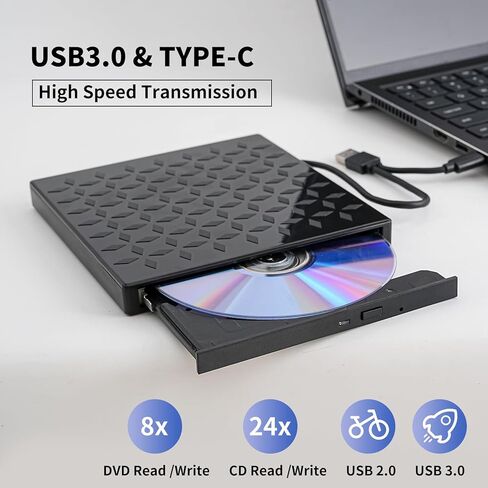 External DVD Drive, Portable USB 3.0 CD Burner +/-RW Drive, DVD Player for ROM Rewriter Burner, Compatible with Laptop, Desktop PC, Windows MacBook Linux Mac OS in Saudi Arabia