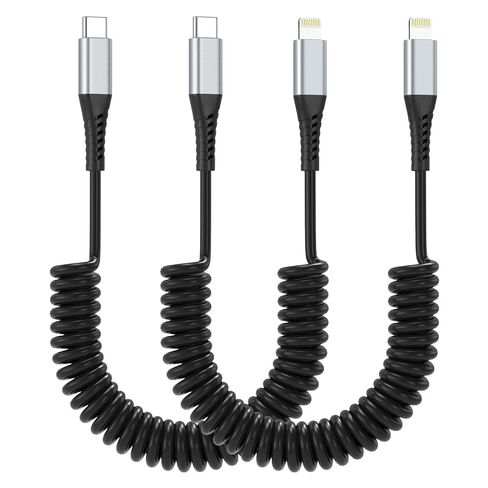 Coiled USB C to Lightning Cable, 2Pack Retractable USB C iPhone Charger Cord for Car Short Coiled USB Tpye C to Lightning Cable for Apple CarPlay iPhone 14 13 12 11 Pro Max Mini 10 8 7 Plus XR XS SE in Kuwait