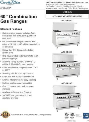 Atosa ATO-2B24G NG 36 Gas Range 2 Burners 24'' Griddle with 26.5 Stove ETL in Saudi Arabia