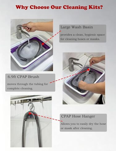 مجموعة تنظيف CPAP للخرطوم والقناع، منظف لوازم آلة Cpap يتضمن فرشاة تنظيف الأنبوب والقناع، حوض غسيل قابل للطي، شماعة تجفيف خرطوم - متوافقة مع أنابيب 22 مم و15 مم in Kuwait