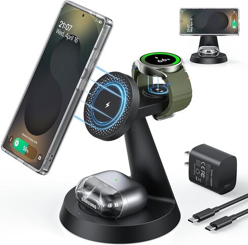 الشاحن اللاسلكي المغناطيسي لسامسونج ، 3 في محطة شحن واحدة متوافقة مع شاحن Magsafe Samsung لـ Galaxy S25 Ultra S24 Z Fold6/Flip6 ، Watch Charger Stand for Galaxy Watch Ultra 7 6 ، لـ Buds in Saudi Arabia