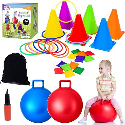 53PCS Carnival Outdoor Games Combo Set for Kids, 18 Inch Hopper Balls with Handles, Ring Toss, Bean Bags, Egg Spoon Relay Race, Fun for Backyard, Field Day, School, Birthday Parties, Family Events in Kuwait