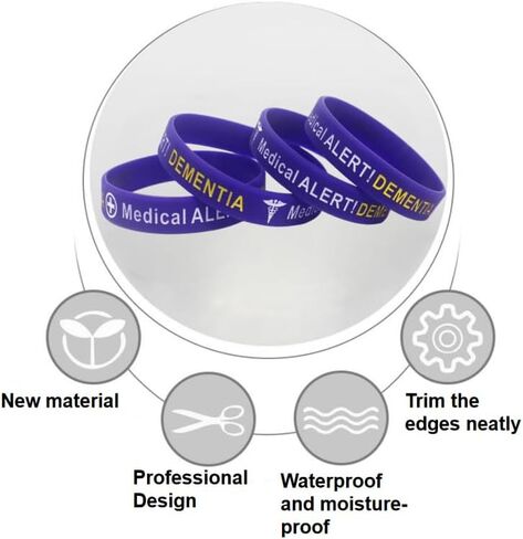 4 عبوات من أساور المعصم المصنوعة من السيليكون للتنبيه الطبي للخرف - أساور للتوعية الصحية، وأساور معصم للهوية الطبية الخارجية للرجال والنساء in Kuwait