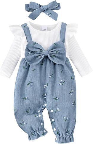 YINGISFITM Newborn Infant Baby Girl Clothes Fall Winter Long Sleeve Bubble Romper Floral Bow One Piece Jumpsuit Cute Outfits in Saudi Arabia