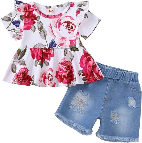 Mikrdoo Baby Girl Clothes Toddler Girl Summer Outfits Shirts Tops Ripped Denim Shorts Set Little Girl Clothes in Kuwait