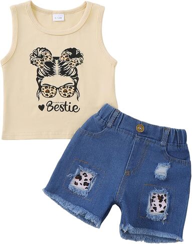 Mikrdoo Toddler Baby Girl Clothes Summer Denim Jean Short Sets for 6M-4T | 2-Pieces Summer Outfits, Cotton Blend, Pattern Printed Top, Ripped Denim Shorts,Two Side Pocket, Daily Wear, Holiday, Casual in Saudi Arabia