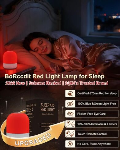 ضوء أحمر من BoRccdit 670 نانومتر للنوم، 100% ضوء أزرق محجوب و10%-100% قابل للتعتيم و4 مؤقتات وجهاز تحكم عن بعد + لمس، مصباح نوم أحمر ليلي طويل الأمد قابل لإعادة الشحن لغرفة النوم والحضانة والقراءة in Kuwait