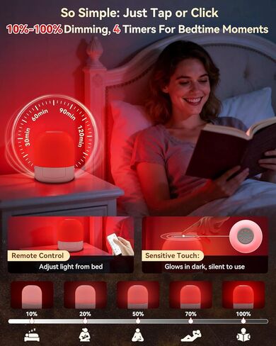 ضوء أحمر من BoRccdit 670 نانومتر للنوم، 100% ضوء أزرق محجوب و10%-100% قابل للتعتيم و4 مؤقتات وجهاز تحكم عن بعد + لمس، مصباح نوم أحمر ليلي طويل الأمد قابل لإعادة الشحن لغرفة النوم والحضانة والقراءة in Kuwait