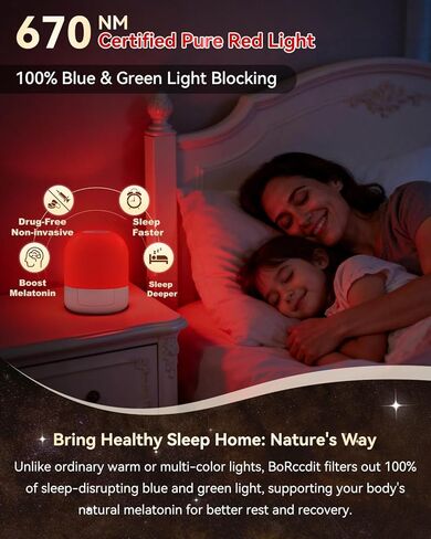 ضوء أحمر من BoRccdit 670 نانومتر للنوم، 100% ضوء أزرق محجوب و10%-100% قابل للتعتيم و4 مؤقتات وجهاز تحكم عن بعد + لمس، مصباح نوم أحمر ليلي طويل الأمد قابل لإعادة الشحن لغرفة النوم والحضانة والقراءة in Kuwait