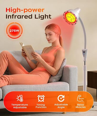 LHCYLDQ 275W مصباح العلاج بالضوء بالأشعة تحت الحمراء - مصباح الحرارة الأحمر بالقرب من الأشعة تحت الحمراء لألم العضلات المشتركة، رأس مصباح قائم قابل للتعديل مع درجة حرارة قابلة للتعديل بحرية (أبيض) in Kuwait
