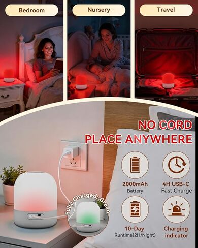 ضوء أحمر من BoRccdit 670 نانومتر للنوم، 100% ضوء أزرق محجوب و10%-100% قابل للتعتيم و4 مؤقتات وجهاز تحكم عن بعد + لمس، مصباح نوم أحمر ليلي طويل الأمد قابل لإعادة الشحن لغرفة النوم والحضانة والقراءة in Kuwait