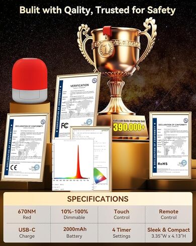 ضوء أحمر من BoRccdit 670 نانومتر للنوم، 100% ضوء أزرق محجوب و10%-100% قابل للتعتيم و4 مؤقتات وجهاز تحكم عن بعد + لمس، مصباح نوم أحمر ليلي طويل الأمد قابل لإعادة الشحن لغرفة النوم والحضانة والقراءة in Kuwait