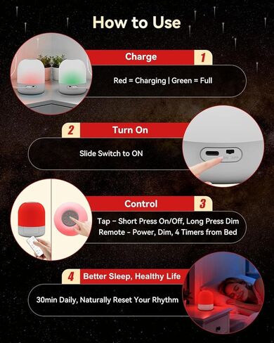 ضوء أحمر من BoRccdit 670 نانومتر للنوم، 100% ضوء أزرق محجوب و10%-100% قابل للتعتيم و4 مؤقتات وجهاز تحكم عن بعد + لمس، مصباح نوم أحمر ليلي طويل الأمد قابل لإعادة الشحن لغرفة النوم والحضانة والقراءة in Kuwait