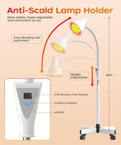 LHCYLDQ 275W مصباح العلاج بالضوء بالأشعة تحت الحمراء - مصباح الحرارة الأحمر بالقرب من الأشعة تحت الحمراء لألم العضلات المشتركة، رأس مصباح قائم قابل للتعديل مع درجة حرارة قابلة للتعديل بحرية (أبيض) in Kuwait