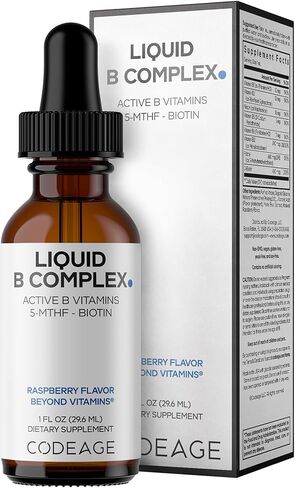 مكمل Codeage السائل B-Complex مع 8 أشكال من فيتامين B - فيتامين الثيامين B1، الريبوفلافين B2، B3، B5، B6، البيوتين B7، حمض الفوليك الميثيل النشط B9 وB12 - نكهة التوت - غير معدلة وراثيًا - 1 أونصة سائلة in Saudi Arabia