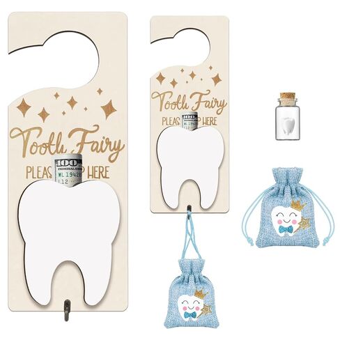Tooth Fairy Door Hanger, Tooth Fairy Tooth Holder Kit with Money Slot Keepsake Bottle Burlap Pouch & Upgrade Night Light, Wooden Encourage Gift for Kids Children Boys Girls Lost Teeth (Pink) in Kuwait