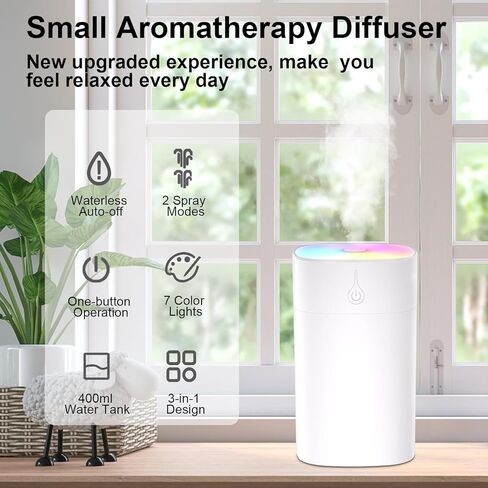 موزع روائح عطرية صغير 400 مل - موزع زيوت صغير للمكتب، جهاز ترطيب صغير محمول للعلاج بالروائح العلاجية مع وضعين للرش، موزع روائح الزيوت العطرية بدون ماء مع إضاءة ليلية بـ 7 ألوان لغرفة النوم in Kuwait