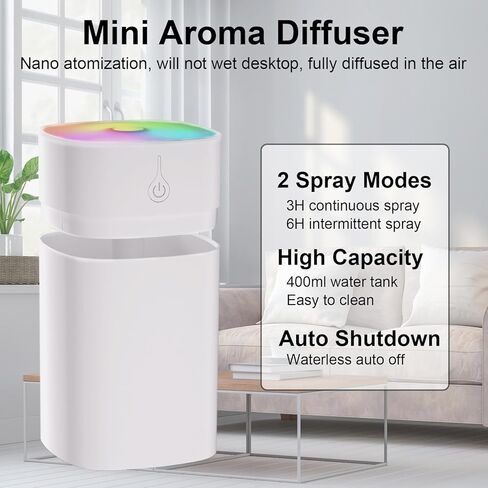 موزع روائح عطرية صغير 400 مل - موزع زيوت صغير للمكتب، جهاز ترطيب صغير محمول للعلاج بالروائح العلاجية مع وضعين للرش، موزع روائح الزيوت العطرية بدون ماء مع إضاءة ليلية بـ 7 ألوان لغرفة النوم in Kuwait