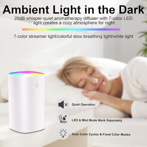 موزع روائح عطرية صغير 400 مل - موزع زيوت صغير للمكتب، جهاز ترطيب صغير محمول للعلاج بالروائح العلاجية مع وضعين للرش، موزع روائح الزيوت العطرية بدون ماء مع إضاءة ليلية بـ 7 ألوان لغرفة النوم in Kuwait