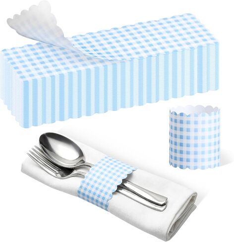 FoldTier 300 Pcs Pink and White Plaid Paper Napkin Rings Self Adhesive Pink Gingham Disposable Napkin Bands Silverware Wrap Band for Baby Shower Birthday Wedding Event Party Table Setting Decoration in Saudi Arabia