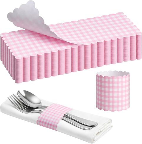 FoldTier 300 Pcs Pink and White Plaid Paper Napkin Rings Self Adhesive Pink Gingham Disposable Napkin Bands Silverware Wrap Band for Baby Shower Birthday Wedding Event Party Table Setting Decoration in Saudi Arabia