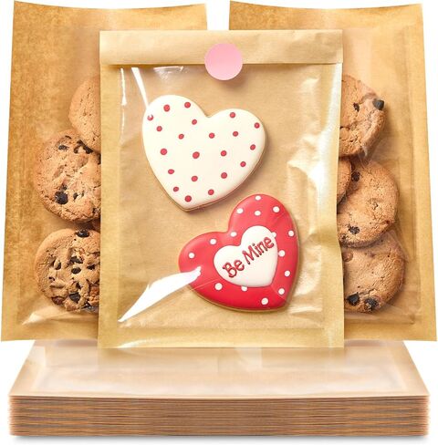 ​​​Ocmoiy 100 Pcs Clear Front Paper Cookie Bags with Seal Heat-Sealable & Grease-Resistant, 5.1x7.5 Inches Brown Bakery Bags with Window, Small Treat Bags Cookies Packaging Favor Bags (100) in Kuwait