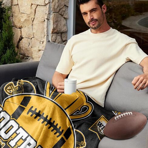 Football Gifts for Men, City Gifts for Football Lovers, Sports Style Team Colors Flannel Blanket for Game Day Couch Bed Gold and Black 60"x50" in Saudi Arabia