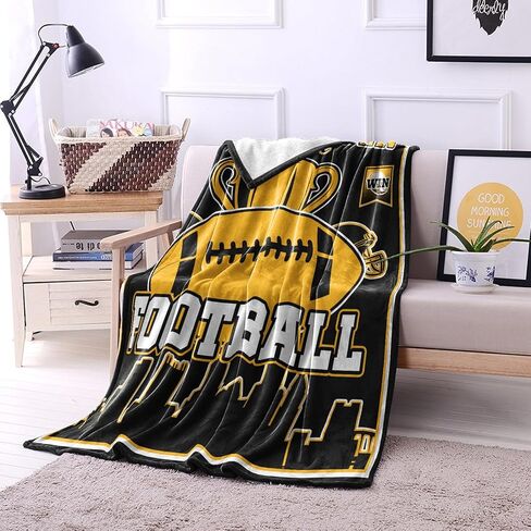 Football Gifts for Men, City Gifts for Football Lovers, Sports Style Team Colors Flannel Blanket for Game Day Couch Bed Gold and Black 60"x50" in Saudi Arabia