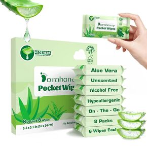Unscented Wet Wipes Travel Size with Aloe Vera, Hypoallergenic Pocket Wipes for Sensitive Skin, 99% Water Moisturizing Mini Wipes Travel Essentials, 48 Count (8 Packs of 6) in Kuwait