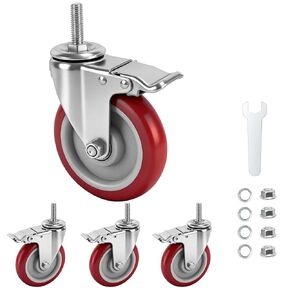 عجلات العجلات، عجلة دوارة بقفل 5 بوصة، 1/2 بوصة - 13 × 1 (قطر المسمار 1/2 بوصة، طول المسمار 1.5 بوصة) مجموعة عجلات جذعية ملولبة مكونة من 4 عجلات صناعية شديدة التحمل للعربة والأثاث ومنضدة العمل in Kuwait
