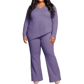 TOPSRANI Womens Plus Size Lounge V-Neck 2 Piece Outfits Sweatsuits Tracksuit Ribbed Long Sleeve Baggy Wide Leg Pant Sets in Kuwait