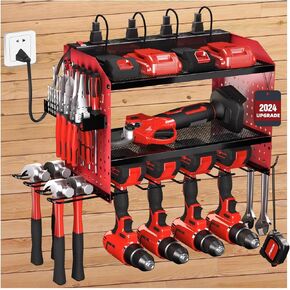Power Tool Organizer with Charging Station, Heavy Duty Modular Wall Mount Rack for Garage & Shed Organization, 4 Drill Holders, Fathers Day Anniversary Birthday Gifts for Men Dad Him Husband(Red) in Kuwait
