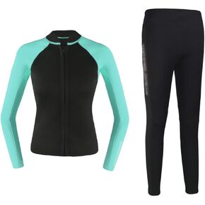 بدلة ركوب الأمواج للسيدات، بدلة غطس كاملة للسيدات، بدلة غطس للسيدات من قطعتين، بدلة سباحة دافئة وبنطلون، بدلة سباحة من النيوبرين 2 مم، مناسبة لمختلف الرياضات البحرية (اللون: أخضر فاتح، الحجم: Xg) in Kuwait