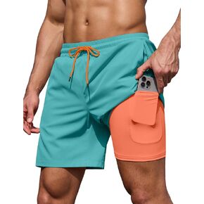 COOFANDY Men's 7" Swim Trunks with Compression Liner Stretch Swimming Shorts with Zipper Pockets in Kuwait
