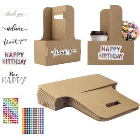 30 Pcs 2 Cup Drink Carrier with Handle, Assemblable Kraft Cardboard Cup Holders with 30 Pcs Happy Birthday Stickers, Disposable Drink Carrier for Drinks Coffee Take Out Cup Carriers Brown in Kuwait