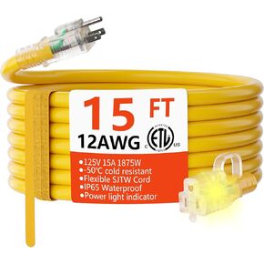 HUANCHAIN ​​12 سلك تمديد خارجي عالي التحمل بطول 25 قدمًا مقاوم للماء مع طرف مضاء، سلك كهربائي مرن مقاوم للبرد 3 شقوق خارجي، 15 أمبير 1875 وات 12AWG SJTW، أصفر، ETL in Kuwait