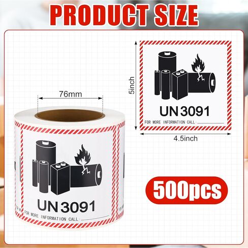 500 Pcs UN3091 Lithium-ion Battery Caution Labels - 4.5 x 5 Inch Caution Lithium Warning Adhesive Stickers Fragile Label for Transport Shipping Warning in Saudi Arabia
