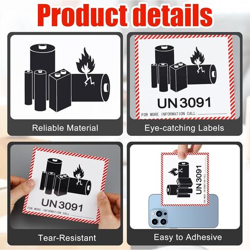 500 Pcs UN3091 Lithium-ion Battery Caution Labels - 4.5 x 5 Inch Caution Lithium Warning Adhesive Stickers Fragile Label for Transport Shipping Warning in Saudi Arabia