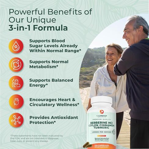 بيور بريميوم بربارين مع مركب القرفة السيلانية - 1500 مجم مكمل بربارين حمض الهيدروكلوريك والقرفة والكركم يدعم مستويات السكر في الدم بالفعل ضمن النطاق الطبيعي - كمية تكفي لمدة شهرين، 120 قيراط in Kuwait