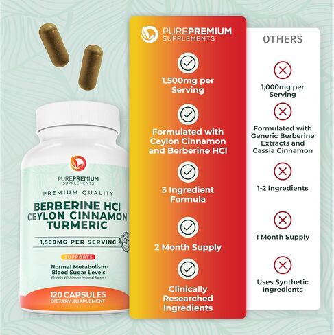 بيور بريميوم بربارين مع مركب القرفة السيلانية - 1500 مجم مكمل بربارين حمض الهيدروكلوريك والقرفة والكركم يدعم مستويات السكر في الدم بالفعل ضمن النطاق الطبيعي - كمية تكفي لمدة شهرين، 120 قيراط in Kuwait