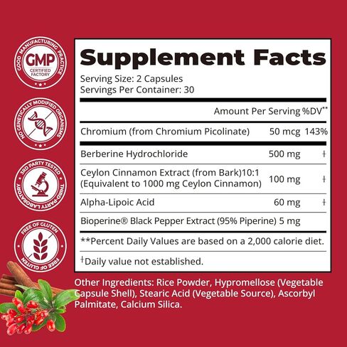 كمية تكفي لمدة 30 يومًا، بربارين 1600 مجم، بربارين مع قرفة سيلان لسكر الدم والكوليسترول والتمثيل الغذائي* | خالٍ من الغلوتين، وغير معدل وراثيًا، ومكمل نباتي بربارين | 60 كبسولة in Kuwait